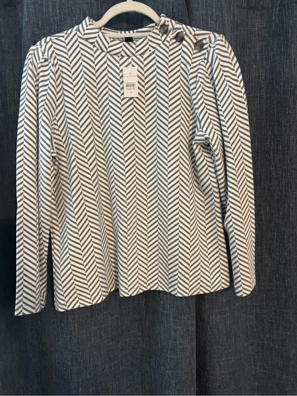 Ann Taylor Gray/Blue and White Chevron Stripe Top